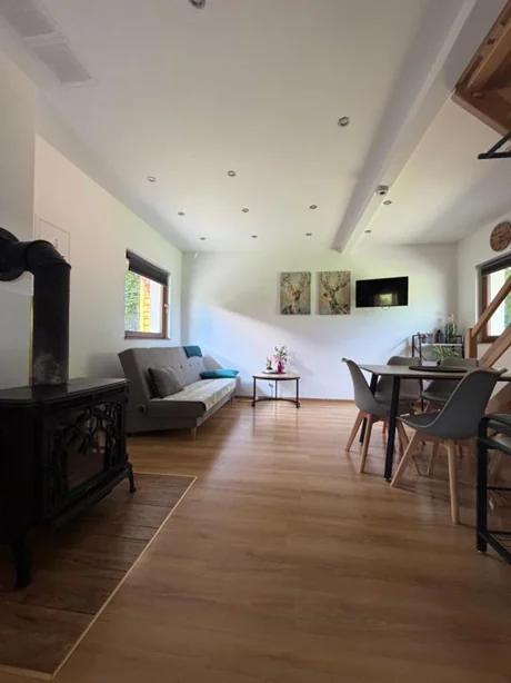 Salon z kominkiem i jadalnią w domku